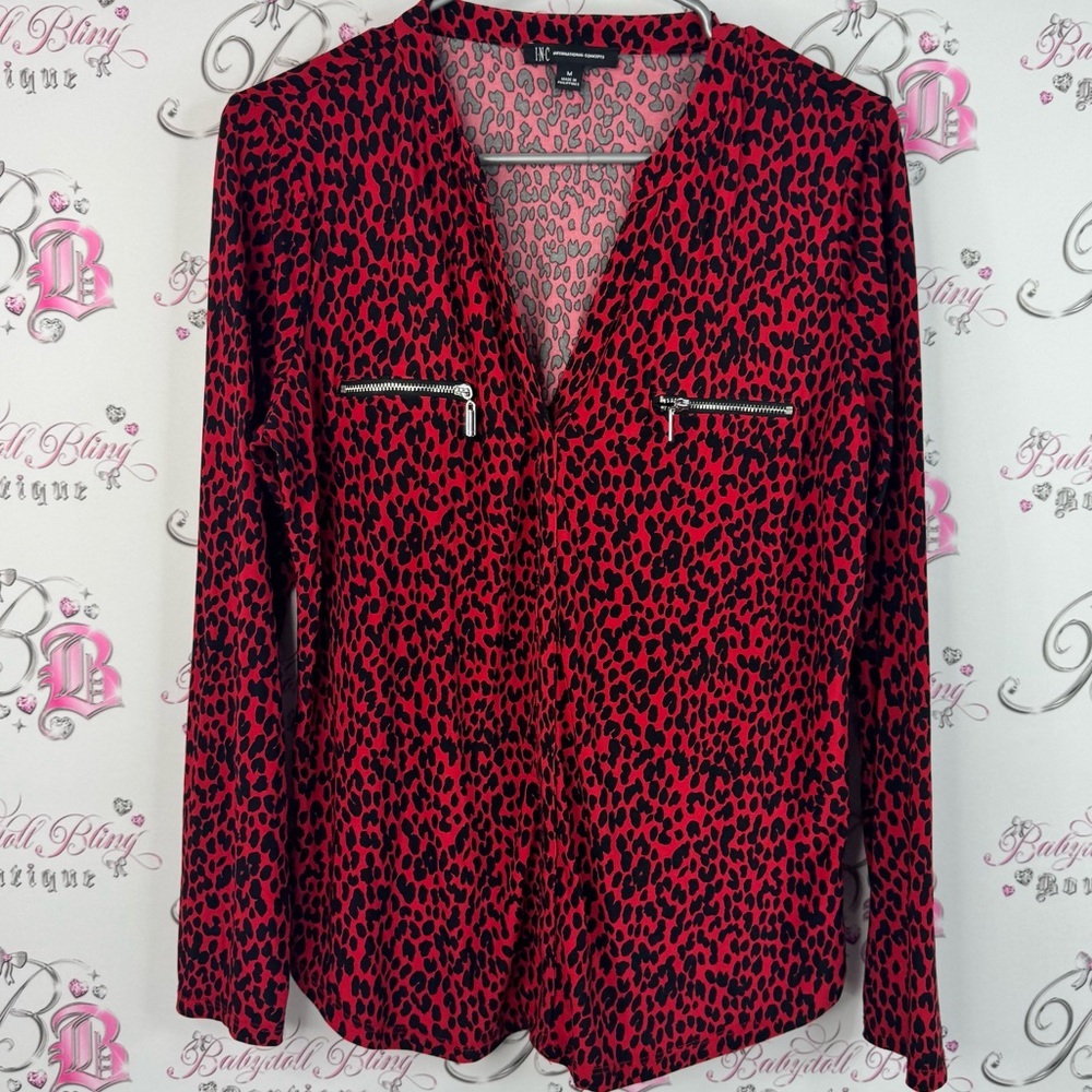 INC International Concepts long sleeve blouse zippers Red and Gray Leopard
